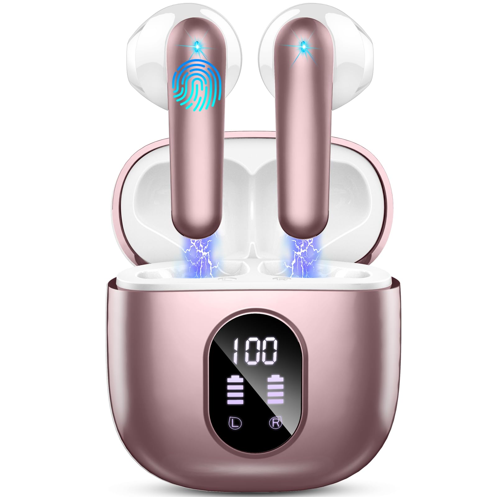 Wireless Earbud Bluetooth 5.3 Headphones 50H Playtime Stereo Bass Ear Buds in-Ear Earphones with 4 ENC Mic LED Display Noise Cancelling Earbud Bluetooth Earbud IP7 Waterproof Sport for Android iOS