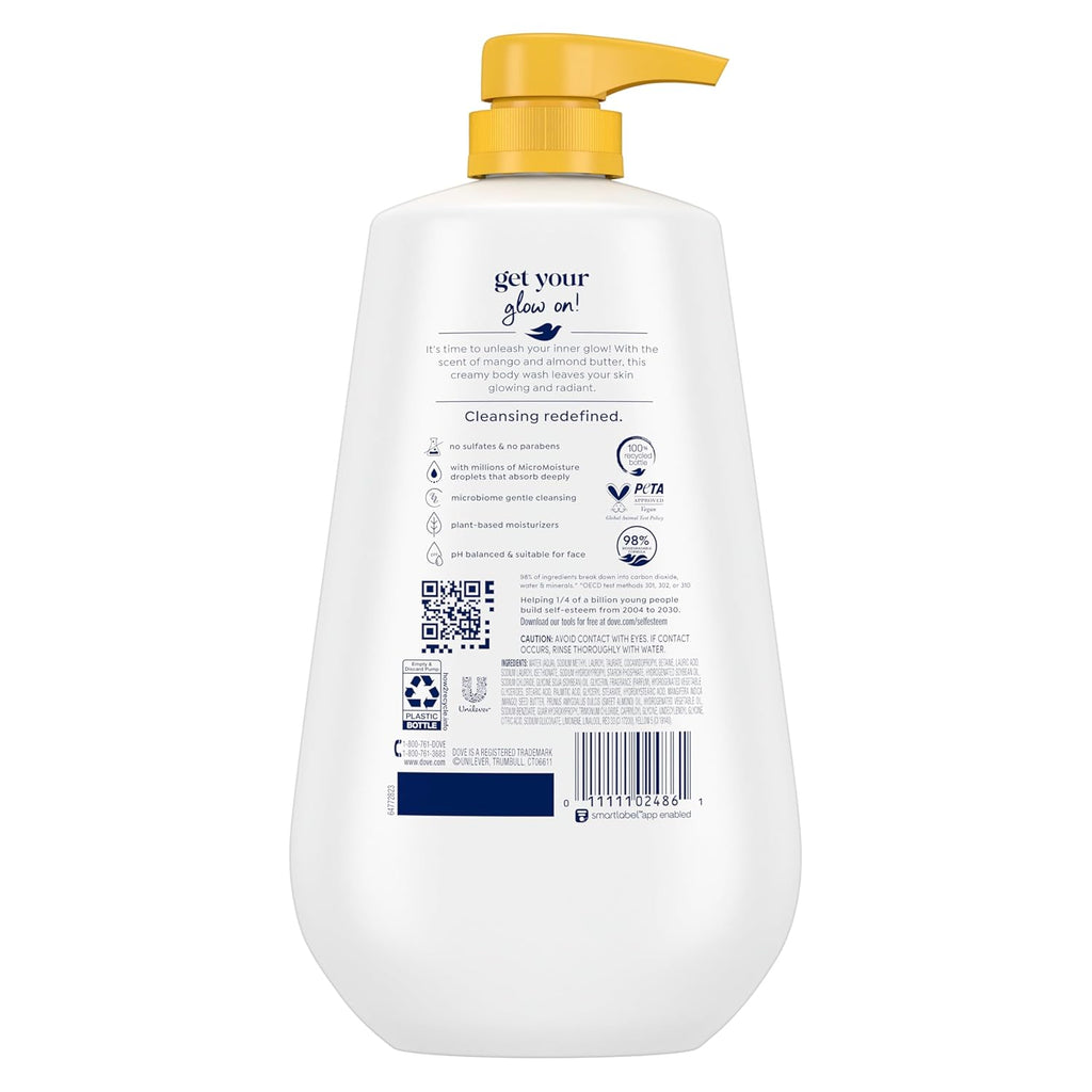 Dove Body Wash with Pump Glow Mango & Almond Butter For 24hr Lotion-Soft Skin Moisturizing Skin Cleanser with No Sulfates No Parabens 30.6 oz