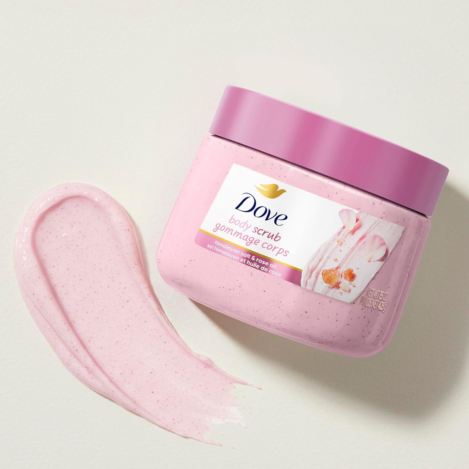 Dove Himalayan Salt & Rose Oil Body Scrub Exfoliates and Deeply Nourishes for Smooth, Radiant Skin 15 oz