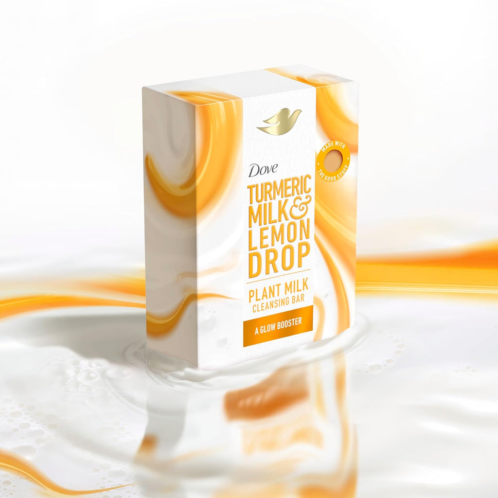 Dove Plant Milk Cleansing Bar Soap Turmeric Milk & Lemon Drop Glow Booster 4 Count for Moisturized Skin Gentle Cleanser, No Sulfate Cleansers or Parabens, 98% Biodegradable Formula 5 oz