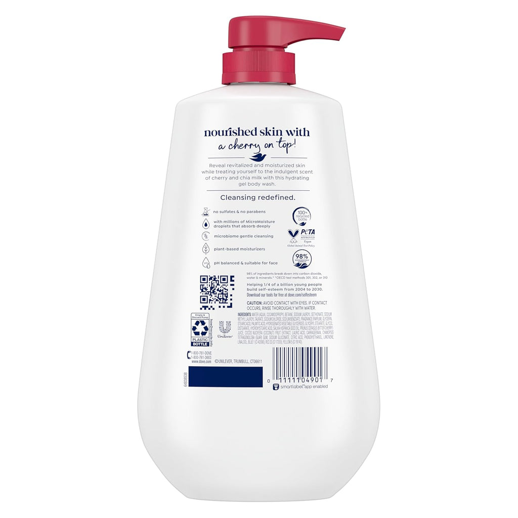 Dove Body Wash with Pump Revitalizante Cherry & Chia Milk, for Renewed, Healthy Looking Skin, Moisturizing Gentle Skin Cleanser with 24hr Renewing MicroMoisture, 30.6 oz