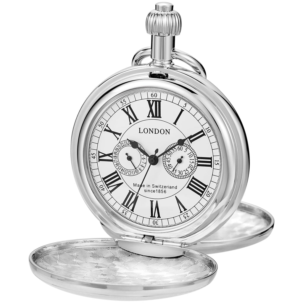 Whodoit Smooth Silver Shield Double Cover Mens Mechanical Pocket Watch Double Cover London Roman Digital Design Dial with Chain for Men