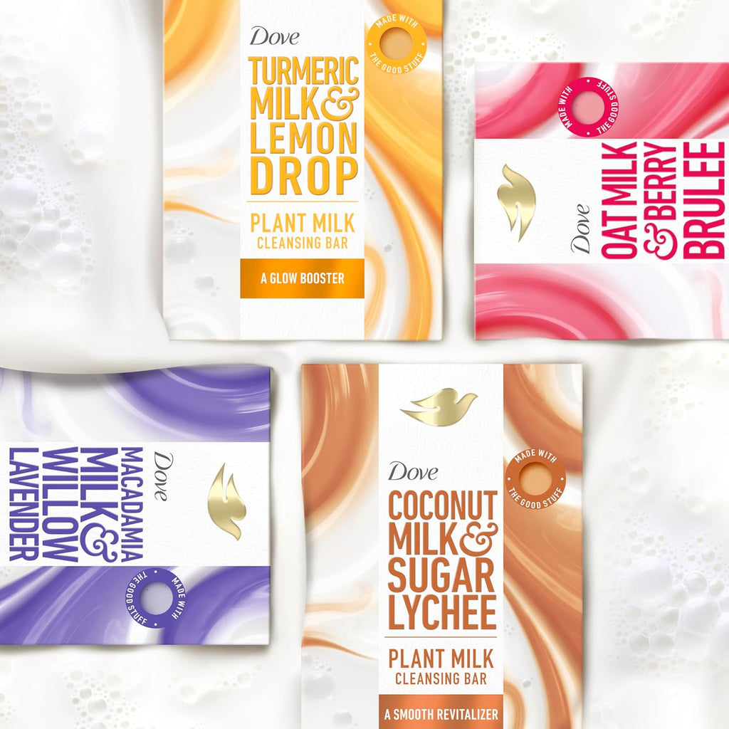 Dove Plant Milk Cleansing Bar Soap Turmeric Milk & Lemon Drop Glow Booster 4 Count for Moisturized Skin Gentle Cleanser, No Sulfate Cleansers or Parabens, 98% Biodegradable Formula 5 oz
