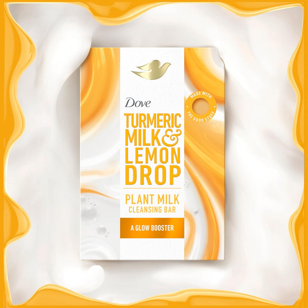 Dove Plant Milk Cleansing Bar Soap Turmeric Milk & Lemon Drop Glow Booster 4 Count for Moisturized Skin Gentle Cleanser, No Sulfate Cleansers or Parabens, 98% Biodegradable Formula 5 oz