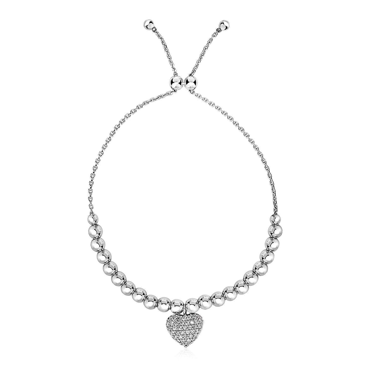 Adjustable Bead Bracelet with Round Charm Cubic Zirconias in Sterling Silver
