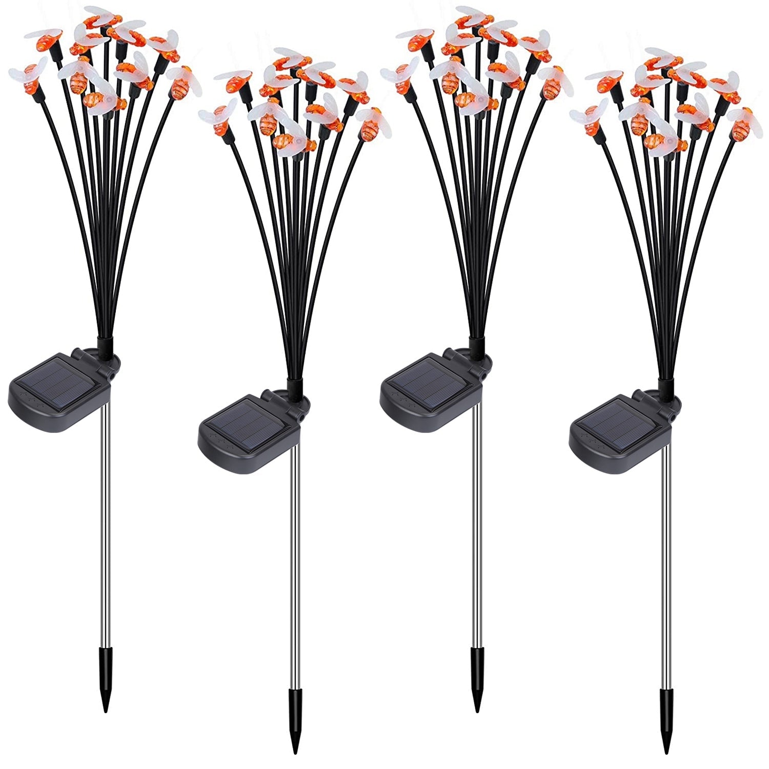 4Pack Solar Powered Stake Bee Light 2 Lighting Mode Lifelike Firefly Decorative Stake Lamp IP65 Waterproof Outdoor Landscape Garden Light Warm Yellow