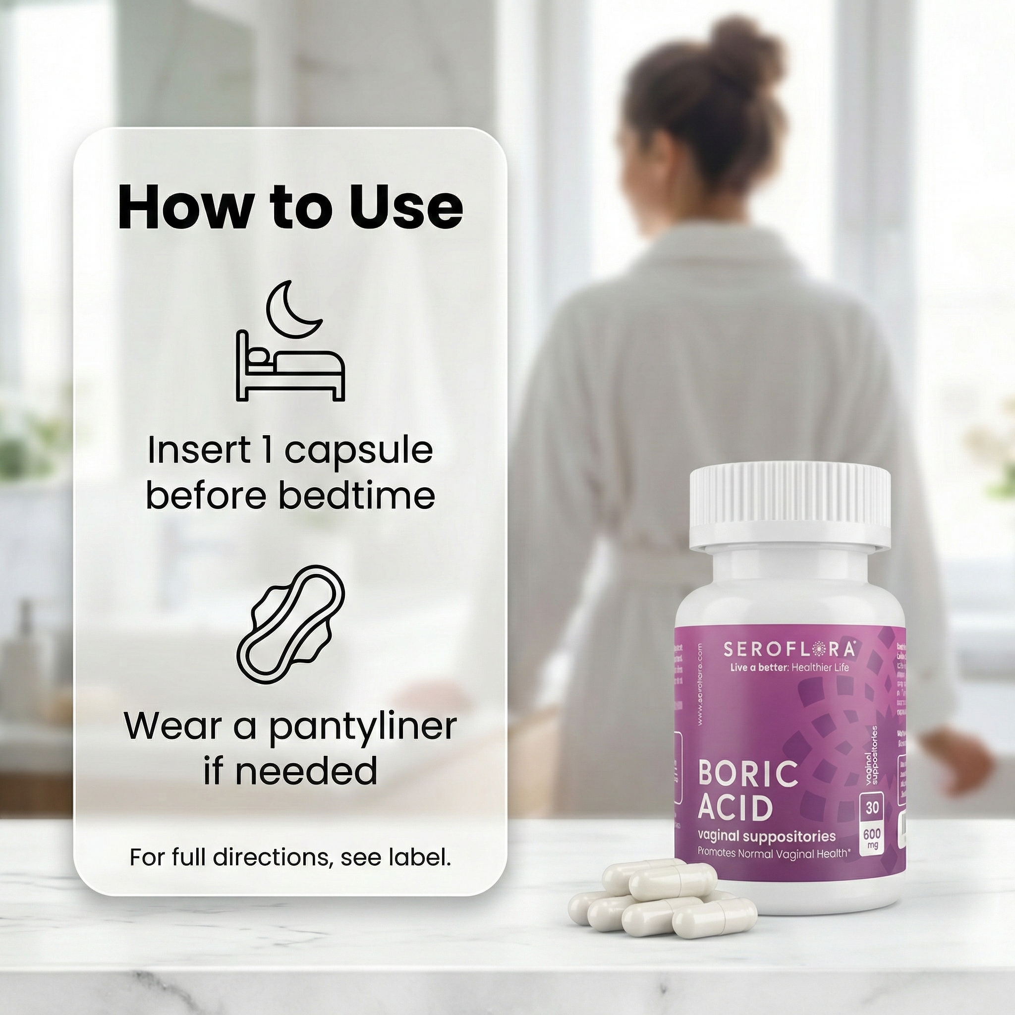 Seroflora Boric Acid Vaginal Suppositories 600mg 30 Count.