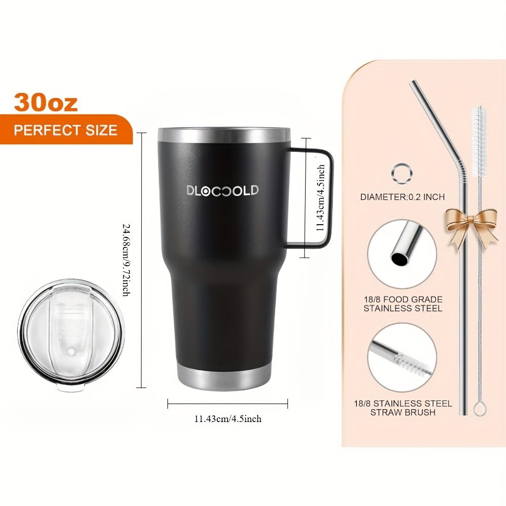 30 oz Tumbler with Handle, Stainless Steel Insulated Travel Coffee Mug with Lid and Straw, Thermal Coffee Cup for Hot&Cold Drinks, Spill Proof, Cup Holder Friendly, Dishwasher Safe, B PA F ree