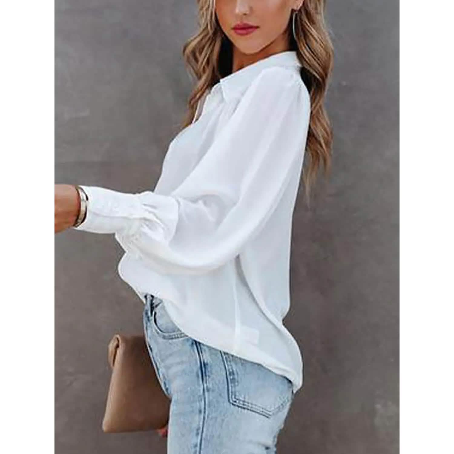 Womens Blouse Shirt Plain Button Long Sleeve